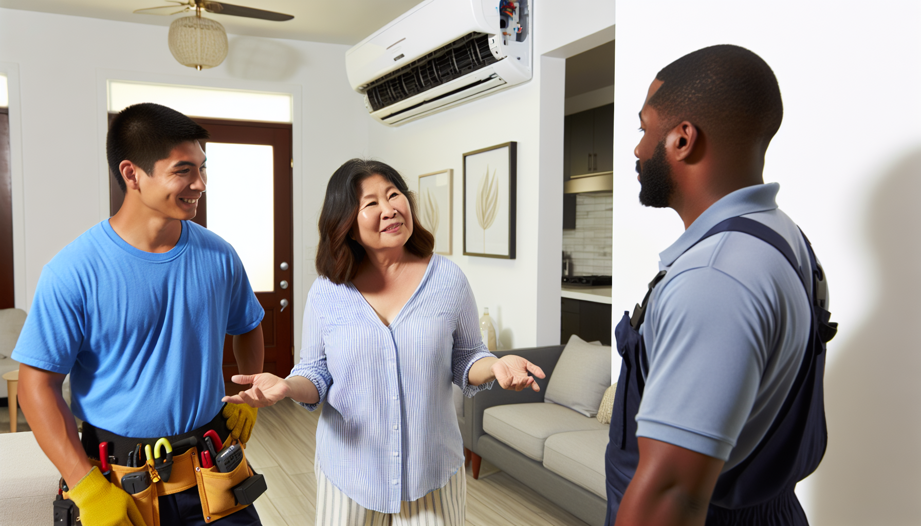 Satisfied customer interacting with HVAC professionals