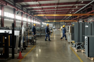 A picture of a factory with machines and workers, illustrating the concept of Implementing Total Productive Maintenance